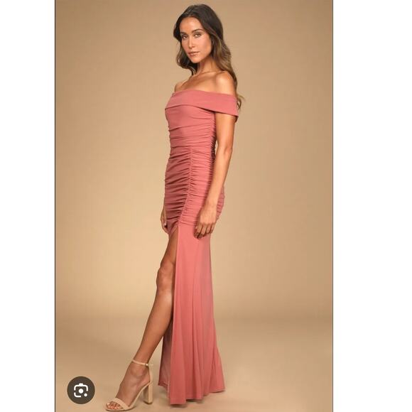 Lulus Revel Romance Formal Dress Size S Off Shoulder Rose Long Maxi Ruched Mesh - Picture 4 of 16